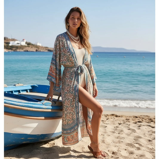 Kimono con motivo floreale BLU - 100% cotone